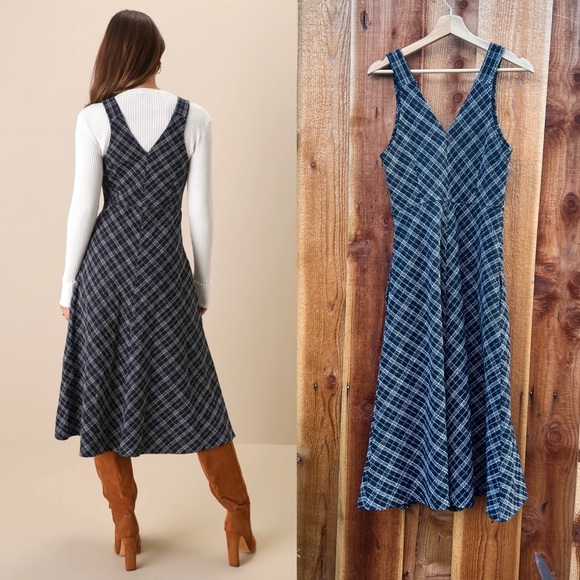 Navy Blue Plaid Tweed Midi Dress With Pockets 🌿 - Picture 2 of 12
